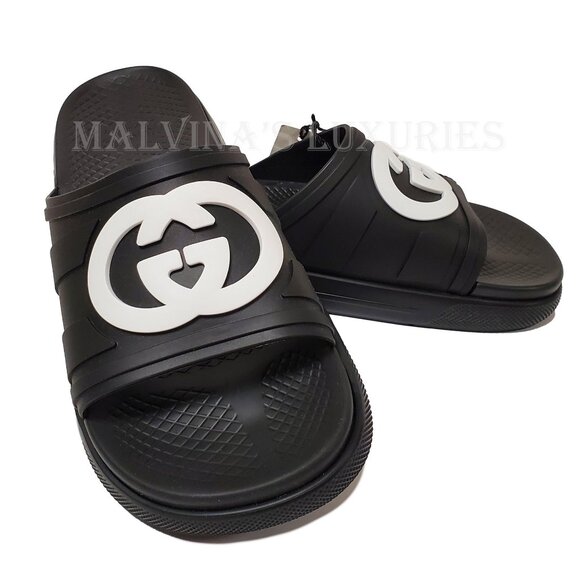 GUCCI SHOES MEN WHITE INTERLOCKING G LOGO BLACK RUBBER SLIDES sz 9 / 9.5 - Picture 5 of 15